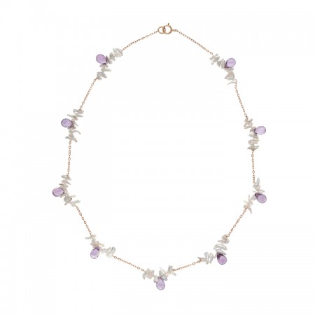 Japanese Keshi Tin Cup Pearl Necklace with Amethyst